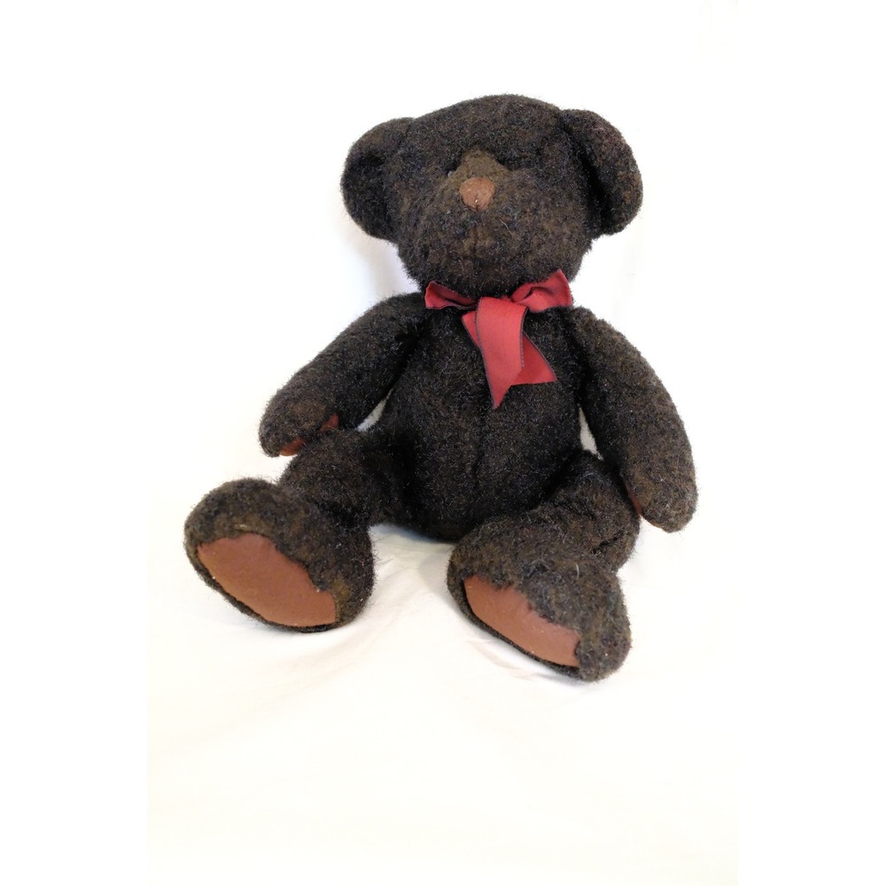 Vintage Russ Berrie Mackenzie Teddy Bear Dark Brown Textured Plush Red Bow 9981